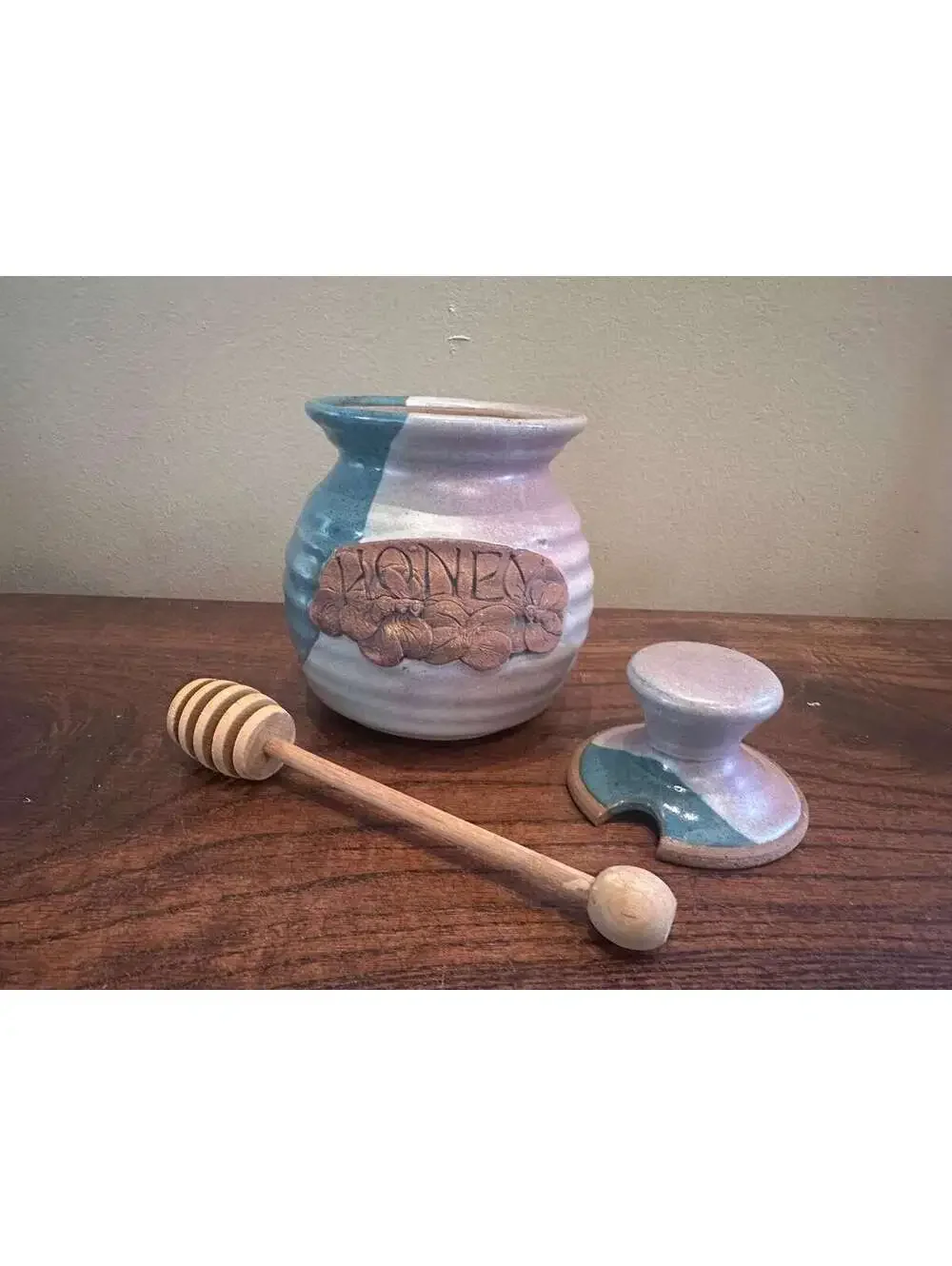 Handmade Teal & Lavender Stoneware Honey Pot with Bees with Honey Dipper